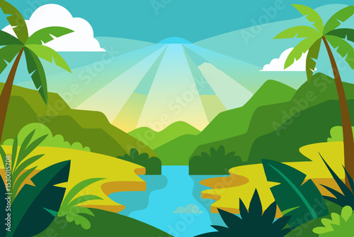 Tropical summer landscape with palm trees, sea, and sky