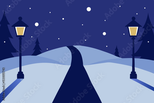 Moonlit winter village with snow-covered roads and street lamps, a festive Christmas landscape illustration