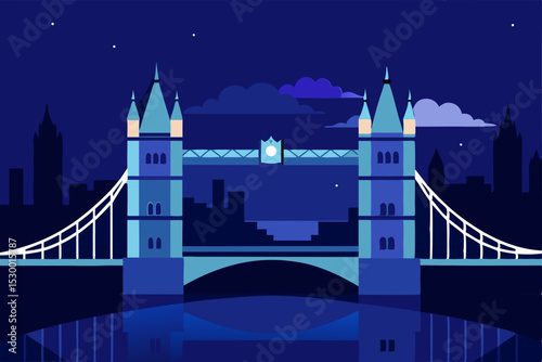 London's famous Tower Bridge spans the Thames, a historic architectural landmark illuminated at night