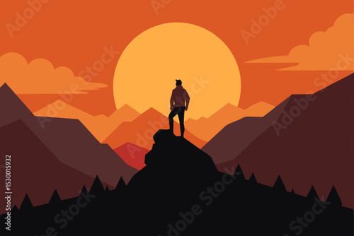 Silhouette of a man sitting on a cliff at sunset, enjoying the mountain landscape