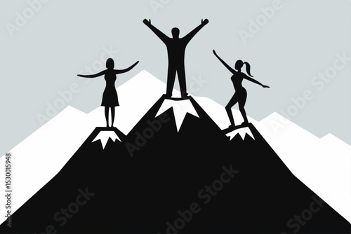 Dancing people silhouettes vector illustration of a successful team jumping on a mountain