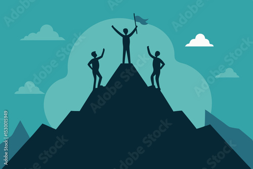 Silhouette man on stairs mountain vector illustration at sunset with birds