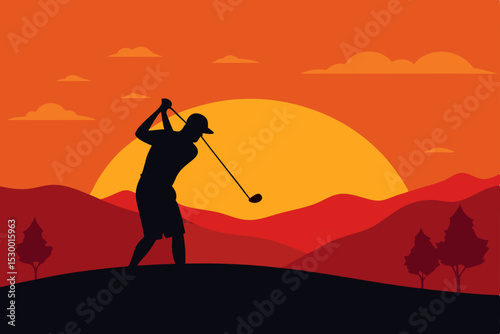 Silhouette of a man golfing in the mountains at sunset, a sport of freedom and success
