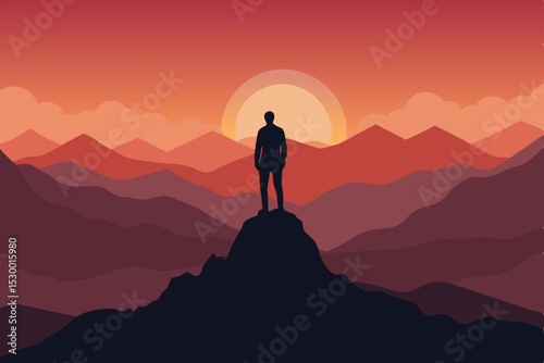 Silhouette of a woman hiking a mountain peak at sunset