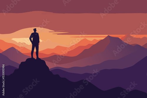 A lone woman on a mountain peak at sunset, embracing the serene nature of the landscape
