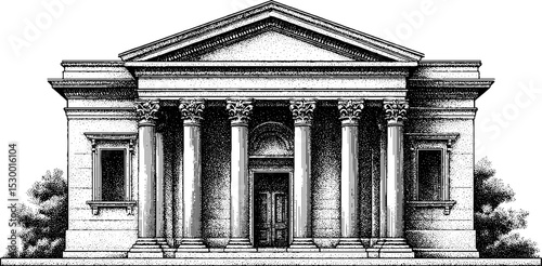 Classic bank building facade with columned entrance dotwork design
