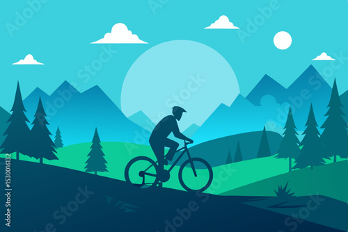 Mountain biker silhouette against the sunset sky, cycling through the forest on a summer adventure ride