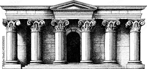 Classical bank building façade with grand columned entrance in detailed dotwork design