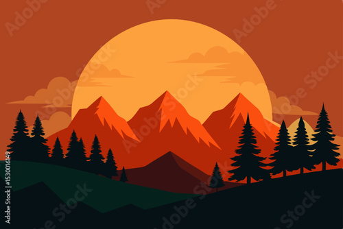 Panoramic mountain landscape with a fiery sunset or soft sunrise painting the sky, casting silhouettes of trees and hills through mist and clouds