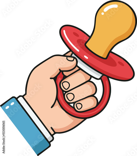 Baby pacifier held by hand close up illustration with red and yellow colors simple design vector image 