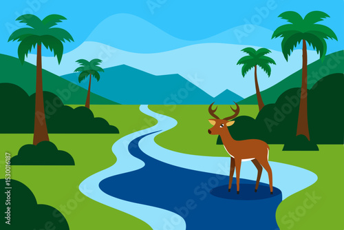 Tropical island beach landscape with palm trees, a dog, and summer ocean paradise