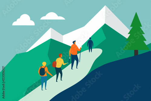 Winter mountain landscape illustration with snow, trees, and a clear sky
