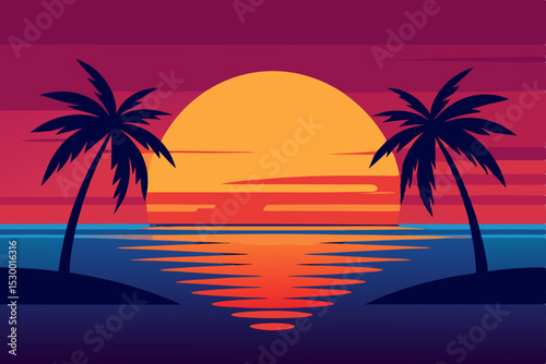 A vibrant tropical sunset paints the sky over a serene beach, silhouetting palm trees against the summer sea