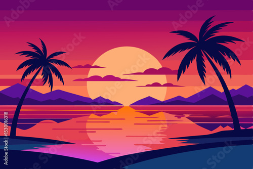 Tropical sunset on a serene beach with silhouetted palm trees against the summer sky