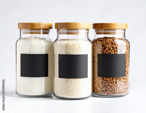 Tres frascos de vidrio transparente con tapa de bambú, llenos de arroz, harina y lentejas, con etiquetas adhesivas negras sobre fondo blanco. photo