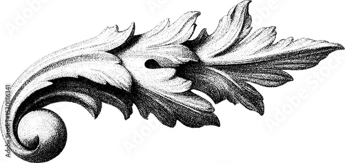 Intricate baroque volute with vegetal scroll dotwork design for decorative art