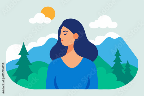 Young woman illustration with beautiful hair enjoying a summer beach vacation by the ocean