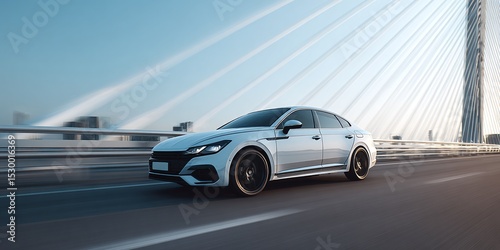 Sleek sedan glides on a bridge with a modern cityscape backdrop, embodying freedom, adventure, and cutting-edge design. #car #automotive
