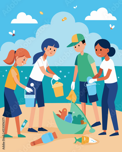 A group of students conducting a beach cleanup to prevent plastic waste from polluting the ocean and emitting harmful greenhouse gases.. Vector illustration