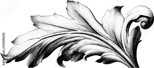 Intricate baroque volute with vegetal scroll dotwork design for decorative art