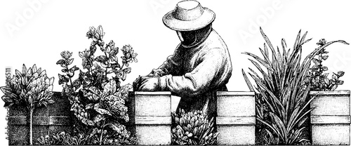 Beekeeper caring for hives among wildflowers in botanical garden scene