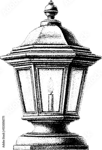 Vintage brass lantern with glass panels in dotwork tattoo style