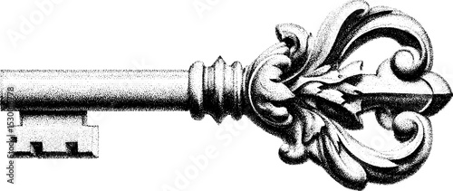 Ornate antique brass key with patina dotwork design for vintage decor
