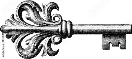Vintage brass key with ornate bow design and patina dotwork for antique decor or tattoo inspiration