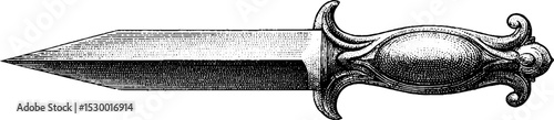 Detailed engraving of brushed steel utility knife blade with ornate rivet handle for design use