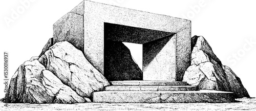 Brutalist architecture entrance with rocky landscape and monolithic block. Geometric modern structure in abstract industrial design.
