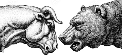 Bull and bear silhouettes facing each other representing market trends and financial concepts