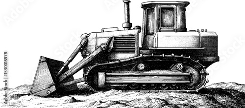 Industrial earthmoving: detailed dotwork art of a bulldozer pushing soil