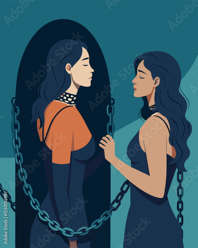 A woman gazed at her reflection in the mirror chains wrapped tightly around her body constricting her movements. Each link was branded with a negative phrase making her feel ped. Vector illustration