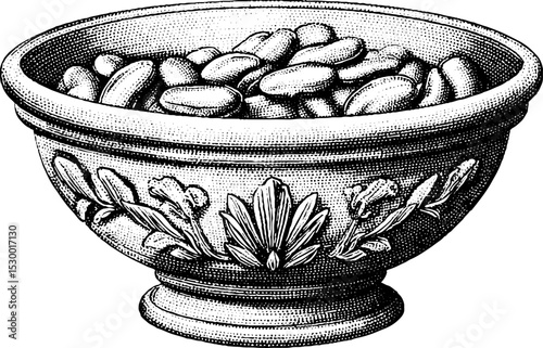 Rustic cassoulet bowl with bean and meat texture in dotwork style for culinary design