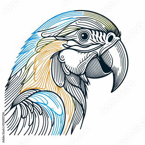 Stylized parrot illustration with vibrant colors, detailed design on white background