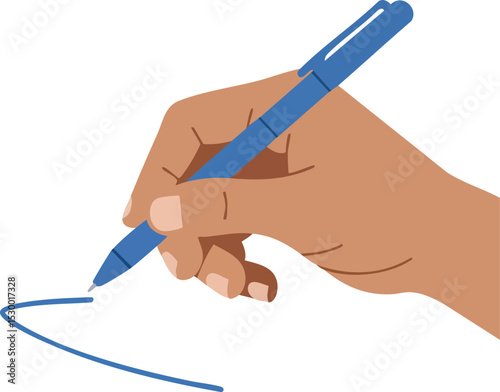 Hand holding blue pen drawing a curved line vector illustration for writing and creativity concepts 