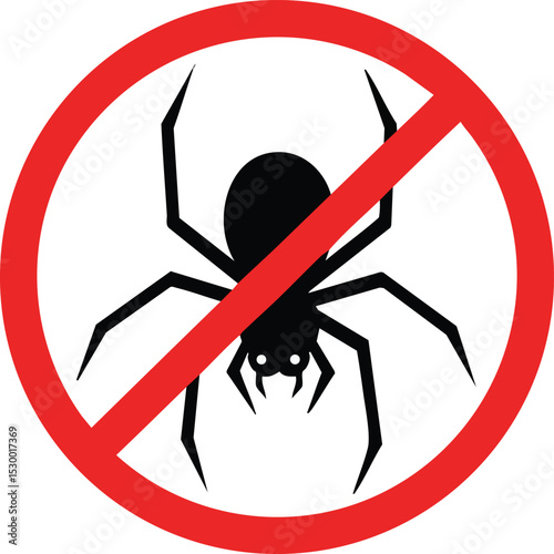 Spider prohibition sign with red circle and slash symbol indicating no spiders allowed vector illustration 
