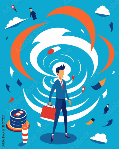 The person stands in the middle of a whirlwind with work family and finances spinning around them like chaotic debris.. Vector illustration