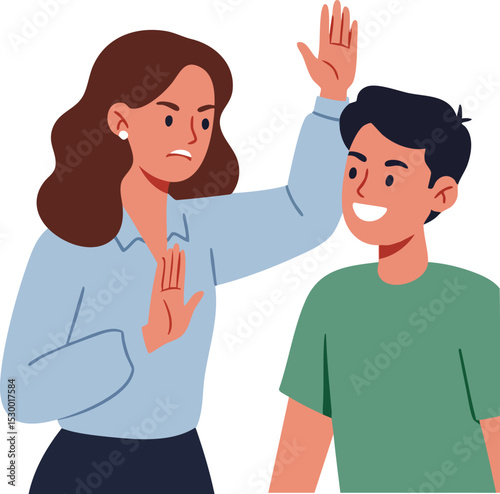 Woman showing disapproval gesture to smiling boy in casual clothes illustration vector 