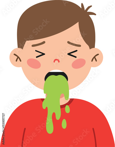 Child vomiting green liquid feeling sick and unwell vector illustration in flat style 