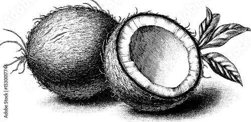 Intricate dotwork tattoo style coconut illustration with detailed texture