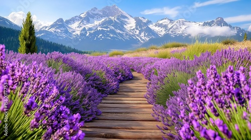 Fototapeta Naklejka Na Ścianę i Meble -  Breathtaking view of rustic wooden pathway through vibrant lavender fields with majestic mountains in the background
