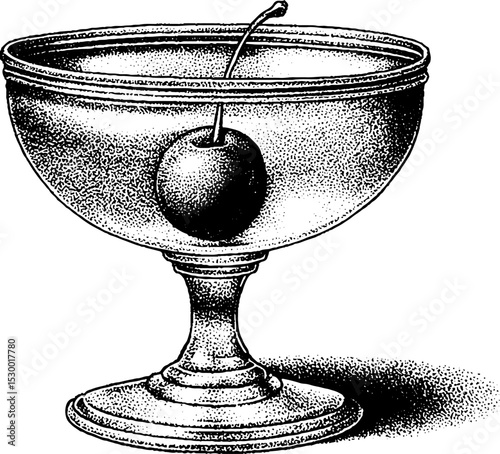 Elegant dotwork tattoo design of cocktail coupe with cherry garnish