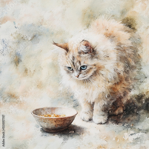 Fluffy cat looking at a bowl of food on a textured background  