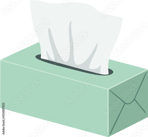 Box of tissues with single white tissue paper protruding from green rectangular container vector illustration 