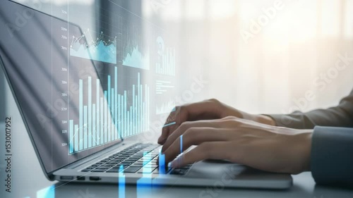 Hands typing on a laptop with data charts and graphs displayed on the screen in a bright setting