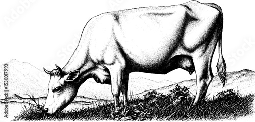 Peaceful cow grazing in meadow near distant farmhouse