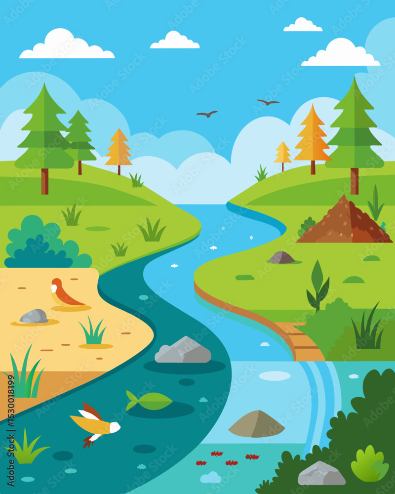 Obraz premium A beforeandafter image showing the transformation of a polluted river now filled with clear water and teeming with aquatic life thanks to a successful ecological restoration. Vector illustration