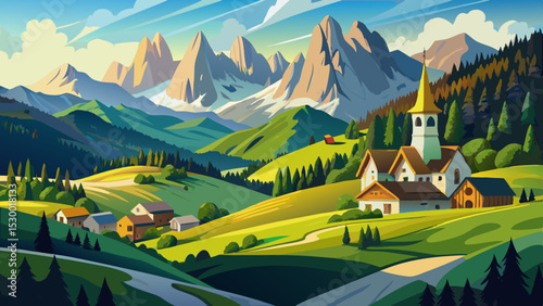 A beautiful landscape of Santa Maddalena in the Italian Dolomites invites the eye to wander. Verdant hills, alpine textures, and crisp mountain air make it ideal for detailed vector art.

