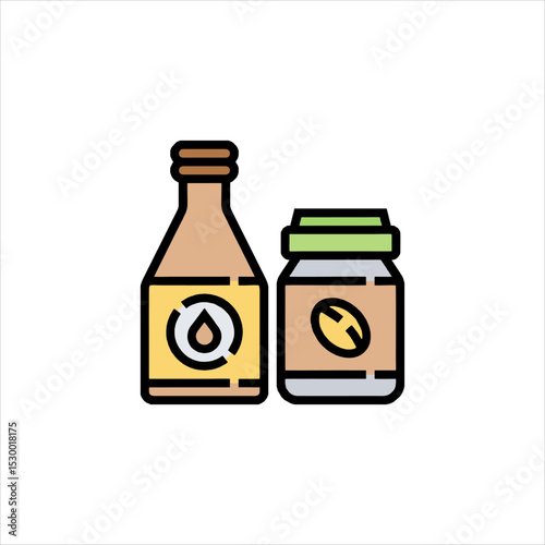 Bottle and jar of food products stand side by side, representing healthy options and dietary supplements, in a simple and clean style.